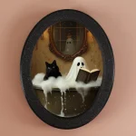 Décoration ovale sur le thème du fantôme et du chat noir 1 pièce, cadre noir rétro montre la scène de la baignoire, crée une atmosphère fantastique et de guérison,