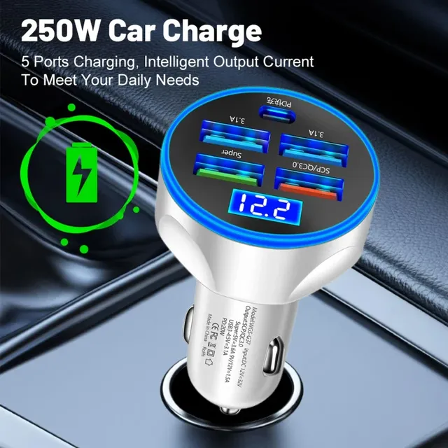 Chargeur de voiture rapide USB 5 ports 250W PD + QC3.0…