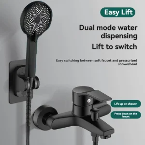 Un ensemble de robinets à mitigeur noir, comprenant une pomme de douche, un tuyau de douche, un support, un ruban téflon et d’autres accessoires d’installation. Un ensemble de robinets à mitigeur noir, comprenant une pomme de douche, un tuyau de douche, un support, un ruban téflon et d’autres accessoires d’installation.