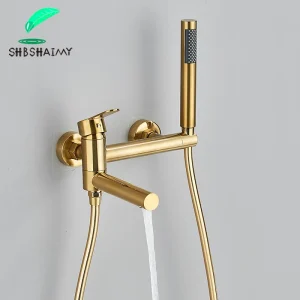 Système de douche de bain en or brossé, robinet d&rsquo;eau de baignoire mural, douche à bec à comcussion, cascade de centre commercial, F/05