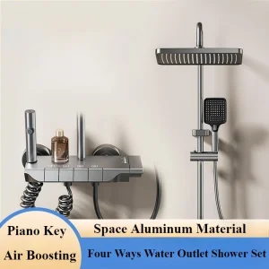 Système de douche à sortie d&rsquo;eau à quatre voies, ensemble de robinets de douche de salle de bains gris muraux, ensemble de douche de salle de bains pressurisé à pluie