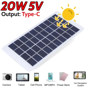Chargeur de panneau solaire 20W 5V, panneau de charge Portable de Type C, éclairage de cour léger pour Smartphones, lumières de jardin Chargeur de panneau solaire 20W 5V, panneau de charge Portable de Type C, éclairage de cour léger pour Smartphones, lumières de jardin
