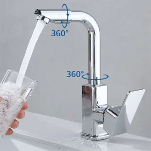 360 °   Robinet de lavabo de salle de bains rotatif, robinet de cuisine en argent, robinets mélangés chauds et froids en laiton avec filtre, fonction de rinçage buccal