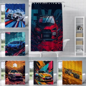 Rideau de douche avec logo de voiture de sport, tissu polyester imperméable, rideaux de bain colorés, décoration d&rsquo;intérieur avec crochet, peinture de luxe