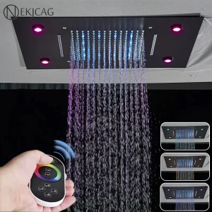 Robinet de douche LED avec télécommande intelligente, montage au plafond, cascade de pluie, pomme de douche, salle de bains, ensemble de lumières à couleur changeante Robinet de douche LED avec télécommande intelligente, montage au plafond, cascade de pluie, pomme de douche, salle de bains, ensemble de lumières à couleur changeante