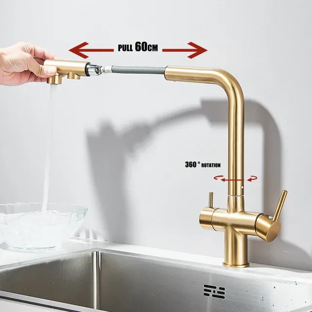Robinet de cuisine avec filtre de traction en or brossé – vue 2