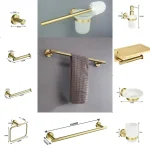 Ensemble d&rsquo;accessoires de salle de bains, Kit en laiton moleté en or brossé, anneau de barre à serviettes, crochet pour Robe, porte-papier, anneau de serviette, brosse de toilette