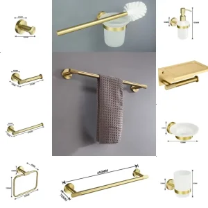 Ensemble d&rsquo;accessoires de salle de bains, Kit en laiton moleté en or brossé, anneau de barre à serviettes, crochet pour Robe, porte-papier, anneau de serviette, brosse de toilette