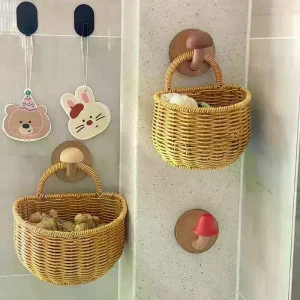 Panier de rangement de cuisine avec poignée, joli panier tissé mural suspendu Kawaii, panier de rangement suspendu, organisateur d&rsquo;articles divers de cuisine