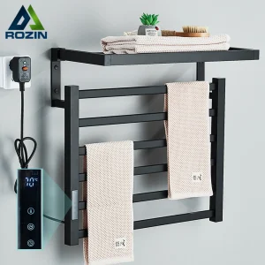 Porte serviettes chauffant mural aluminium noir mat minimaliste barres horizontales étagère supérieure rangement tactile LED affichage température minuterie Porte serviettes chauffant mural aluminium noir mat minimaliste barres horizontales étagère supérieure rangement tactile LED affichage température minuterie