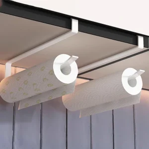 porte rouleau papier cuisine suspension sous étagère fer blanc double bras maintien compatible standard installation facile