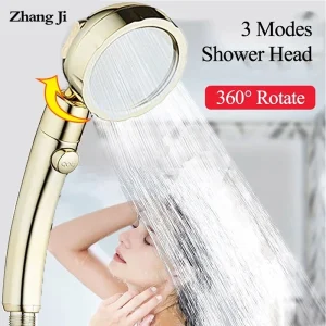 Zhangji – pommeau de douche rétro doré rotatif à 360 degrés, haute pression, 3 Modes avec bouton d’arrêt, économie d’eau, en plastique ABS Zhangji – pommeau de douche rétro doré rotatif à 360 degrés, haute pression, 3 Modes avec bouton d’arrêt, économie d’eau, en plastique ABS