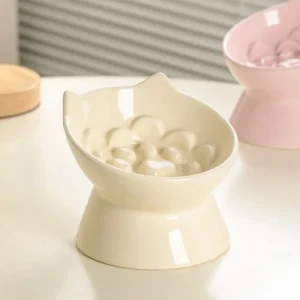 Bol de nourriture lente en céramique pour chat, mignon bassin d&rsquo;alimentation pour chien à bouche inclinée, créatif, grande capacité, bol pour pied haut pour animaux de compagnie, chaton, chiot