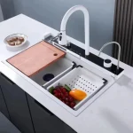 Évier de cuisine cascade Nano blanc avec robinet mitigeur d&rsquo;évier de cuisine extractible chaud et froid, éviers de cuisine à affichage numérique Led monotrou