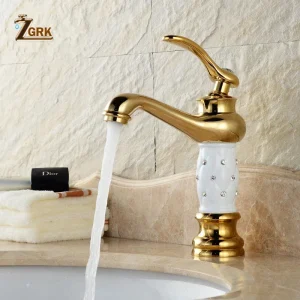 ZGRK robinets de lavabo de salle de bains dorés, robinet d&rsquo;évier Design créatif monté sur le pont en cristal robinets mélangeurs à trou unique d&rsquo;eau chaude et froide