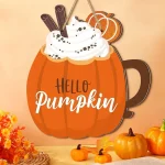 Jolie décoration de panneau en bois en forme de citrouille : « Hello Pumpkin », bâtonnets de cannelle et tranches de gingembre, décoration murale d&rsquo;Halloween