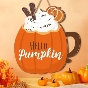 Jolie décoration de panneau en bois en forme de citrouille : « Hello Pumpkin », bâtonnets de cannelle et tranches de gingembre, décoration murale d&rsquo;Halloween