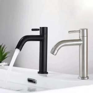 Robinet de lavabo en acier inoxydable 304, robinet d’eau froide simple, couleur noir argent, monté sur le pont, allonge et soulevant le lavabo Robinet de lavabo en acier inoxydable 304, robinet d’eau froide simple, couleur noir argent, monté sur le pont, allonge et soulevant le lavabo