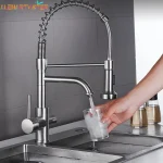 Robinet de cuisine avec filtre à eau Pure, double poignée, eau potable chaude et froide, mitigeur extractible monté sur le pont, robinet de Purification