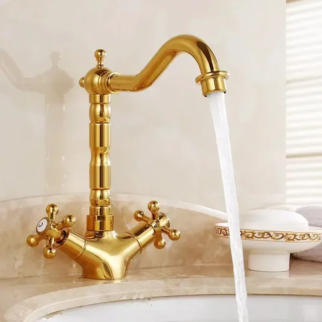 Robinet lavabo laiton doré antique victorien bec haut… – vue 4