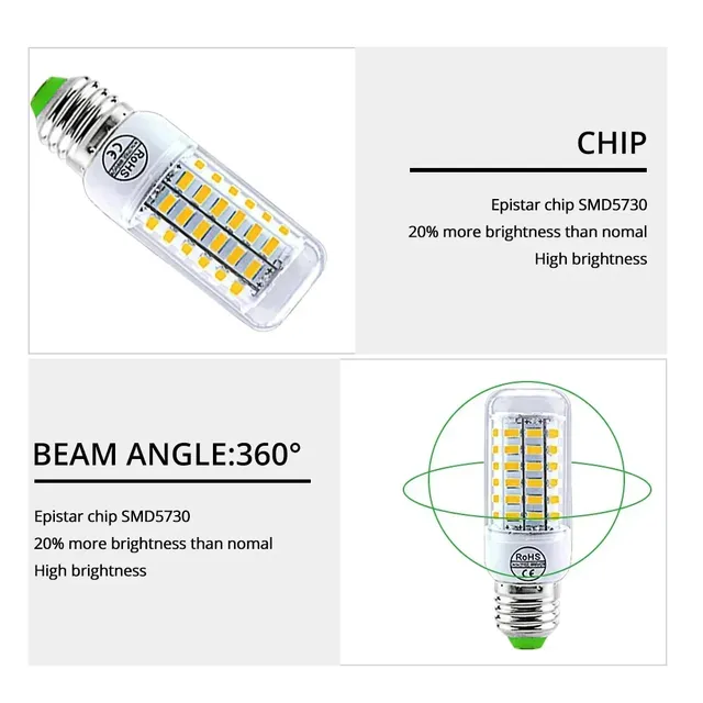 Ampoules LED E27 E14 5730SMD 220V – vue 3