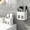 Étagère murale salle bain sans perceuse organisateur maquillage cosmétiques accessoires rangement plastique PP doublecompartiment drainage ventilation gainplace blancmat