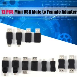 Lot douze adaptateurs USB2 micro mini mâle femelle convertisseurs haute vitesse rétrocompatible simple utilisation compact noir contacts métalliques cinq broches
