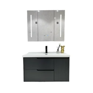 Armoire de salle de bain au design moderne avec lavabo en céramique et miroir de bain, matériau de carcasse en MDF