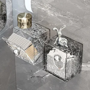 rangement mural boite tiroir acrylique transparent effet verre martelé façade coulissante bouton argenté poignée lapin chromé fixation adhésive sans perçage