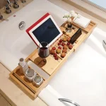 Plateau de baignoire en bambou, support d&rsquo;étagère de douche réglable avec support pour IPad, station de téléphone pour baignoire, accessoires relaxants antidérapants