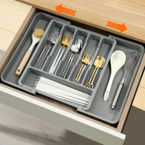 Boîte de rangement de couverts rétractable réglable – Organisateur de tiroir de cuisine extensible avec séparateurs pour ustensiles, organisation de la maison Boîte de rangement de couverts rétractable réglable – Organisateur de tiroir de cuisine extensible avec séparateurs pour ustensiles, organisation de la maison