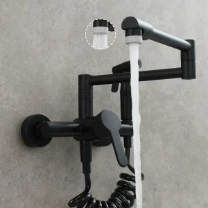 Mélangeur d&rsquo;évier de cuisine noir 304 SUS, robinet d&rsquo;évier pliable mural, mitigeur de pistolet haute pression, nickel noir brossé