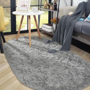 Tapis ovale pour salon tapis de canapé en fourrure tapis de chevet de chambre d&rsquo;enfant tapis en peluche doux tapis de pépinière décor à la maison gris