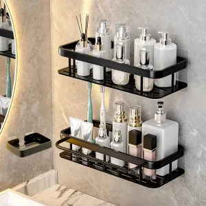 Étagère de salle de bain, organisateur de rangement de maquillage, support de shampoing en alliage d&rsquo;aluminium, étagère de douche, accessoires de salle de bains, étagère murale sans perceuse