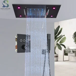 Pommeau de douche au plafond intégré noir, télécommande intelligente, ensemble de douche à effet de pluie LED, cascade à haut débit, robinet dissimulé Pommeau de douche au plafond intégré noir, télécommande intelligente, ensemble de douche à effet de pluie LED, cascade à haut débit, robinet dissimulé