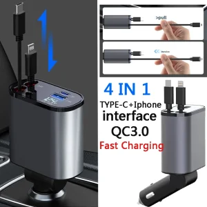 Nouveau chargeur de voiture flash numérique QC3.0 chargeur de téléphone portable de voiture 100W chargeur de téléphone de voiture à Charge Super rapide avec câble rétractable