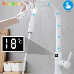 Robinets de cuisine tactiles numériques intelligents avec mitigeur d&rsquo;évier de cuisine chaud et froid extractible, robinet de cuisine numérique tactile à capteur blanc