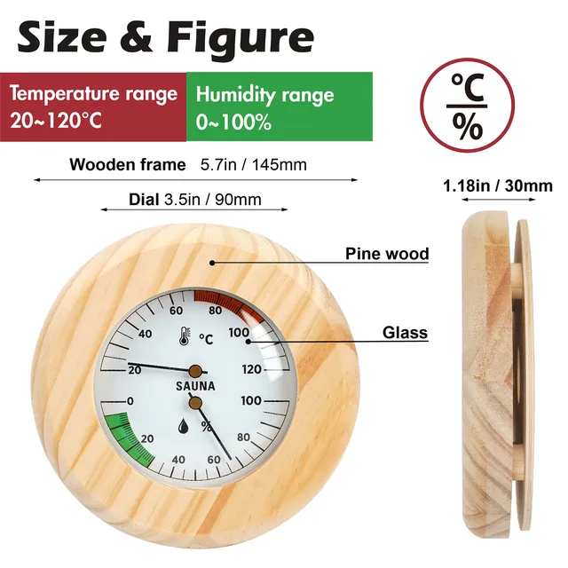 Thermomètre Hygromètre Sauna Bois Rond Cadran Double… – vue 3