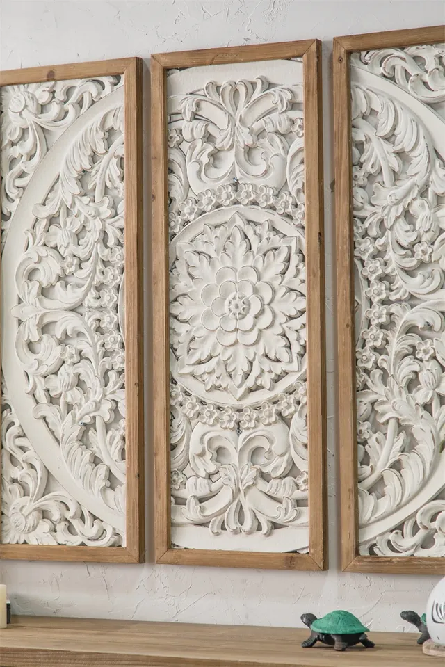 Panneau mural triptyque bois sculpté blanc vieilli… – vue 3