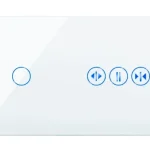 panneau mural tactile multimédia interrupteur contrôleur audio rectangulaire verre blanc brillant grand bouton circulaire trois icônes rondes