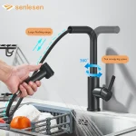 Installation de pont noir rainuré pour cuisine, eau froide et chaude rotative, grue d&rsquo;assad, 2 modes, 256