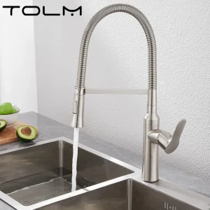 TOLM robinet d’évier de cuisine en laiton chromé poli moderne en Nickel brossé, robinet mitigeur d’évier extractible à poignée unique, bec pivotant TOLM robinet d’évier de cuisine en laiton chromé poli moderne en Nickel brossé, robinet mitigeur d’évier extractible à poignée unique, bec pivotant
