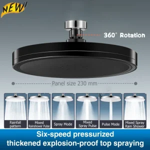 Pommeau de douche à effet de pluie, 6 Modes, grand débit, superchararge, rond, haute pression, pulvérisation supérieure, accessoires de salle de bains, 230mm Pommeau de douche à effet de pluie, 6 Modes, grand débit, superchararge, rond, haute pression, pulvérisation supérieure, accessoires de salle de bains, 230mm