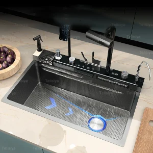 Évier de cuisine cascade en acier inoxydable, multifonctionnel avec support de téléphone, touches de Piano, robinet à affichage numérique, lavabo à vaisselle