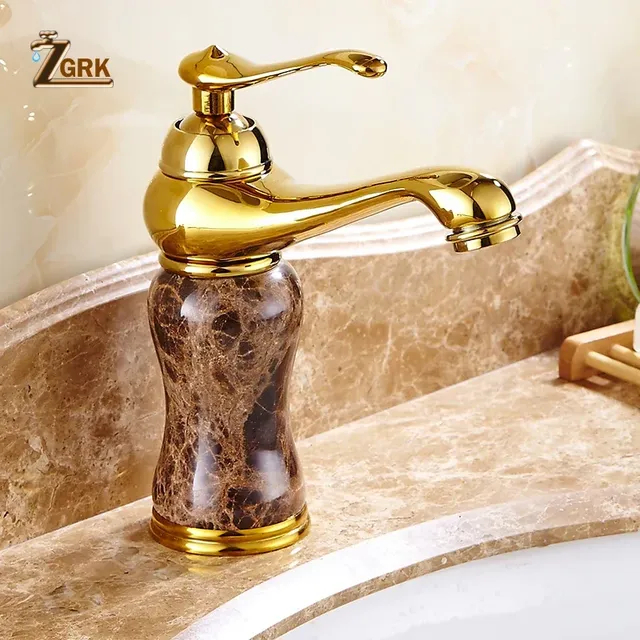 Robinet lavabo monocommande doré café marbre veiné bec… – vue 3