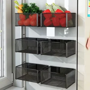 étagère épices magnétique aimantée réfrigérateur paniers modulaires métal acier maille noire mate fixation puissante sans perçage drainage ventilation