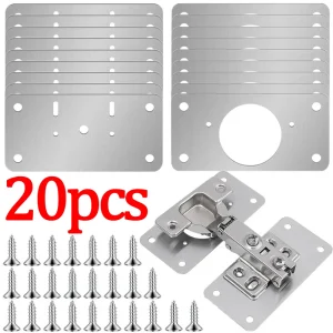 Kit de plaque de fixation de charnière en acier inoxydable, support de plaque de réparation de charnière de porte d&rsquo;armoire avec vis de montage pour meubles de cuisine 20/2 pièces