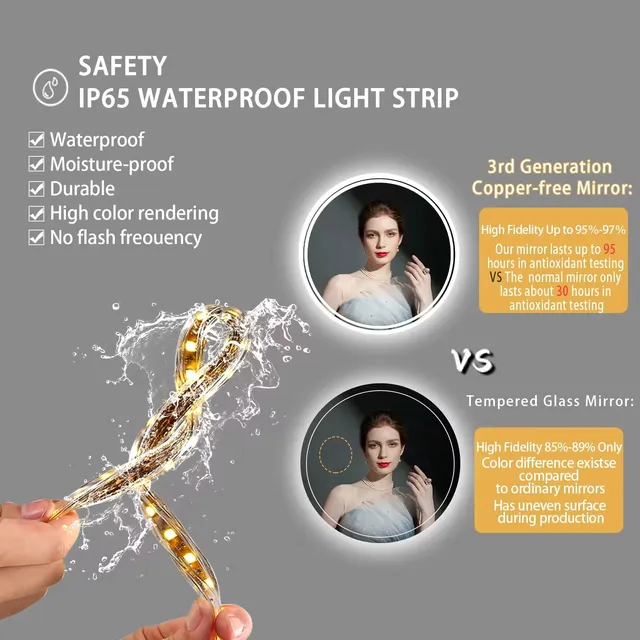 Miroir de salle de bain intelligent LED HD avec lumières – vue 5