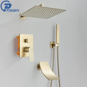 Ensemble de robinets de douche en or brossé, robinets de bain-douche dissimulés, mitigeur de baignoire mural à 3 voies, bec rotatif, bec cascade