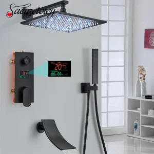 Robinet de douche dissimulé noir mat, pomme de douche à LED, affichage à 2/3 voies, système de douche, salle de bains, robinet de douche